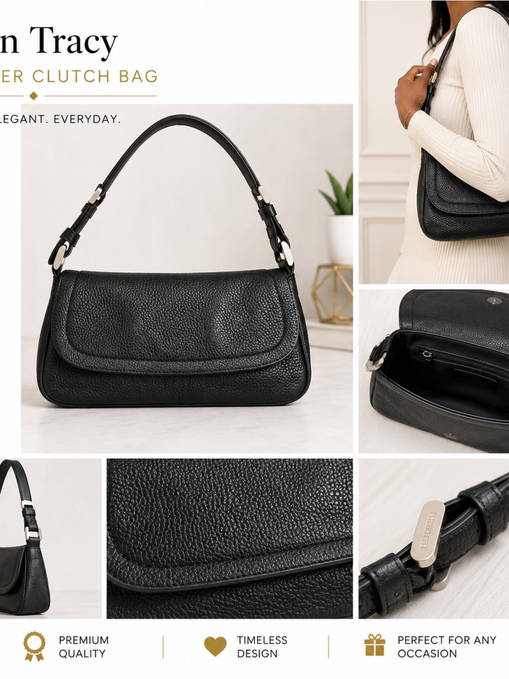 Ellen Tracy Black Pebbled Leather Shoulder Bag